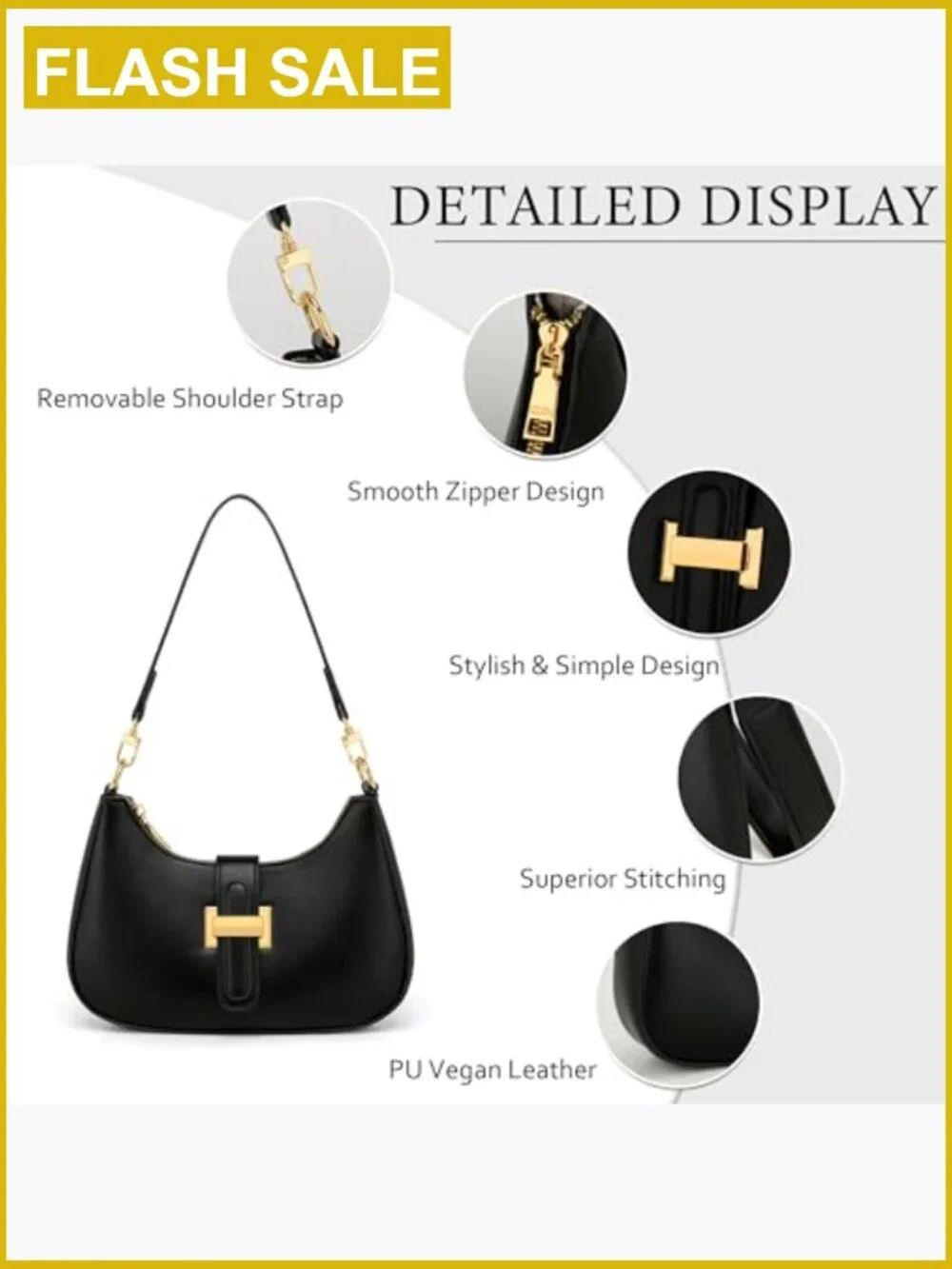 Vegan Leather Hobo Shoulder Bag with Removable Strap, Crescent Handbag